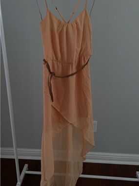 Zara Peach Asymmetric Sheer Overlay Dress